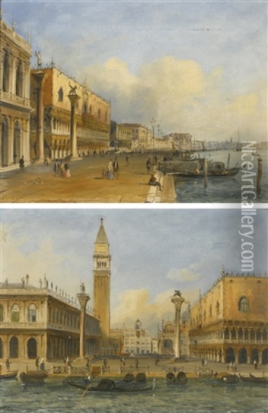 Two Views Of Venice From The Riva Degli Schiavoni: A Pair Oil Painting - Carlo Grubacs