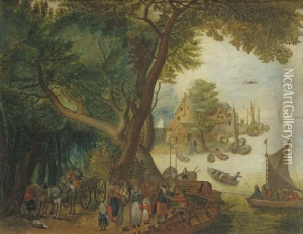 A River Landscape With Elegant Figures, A Village And Sailing Boats In The Distance Oil Painting - Jan Brueghel the Elder