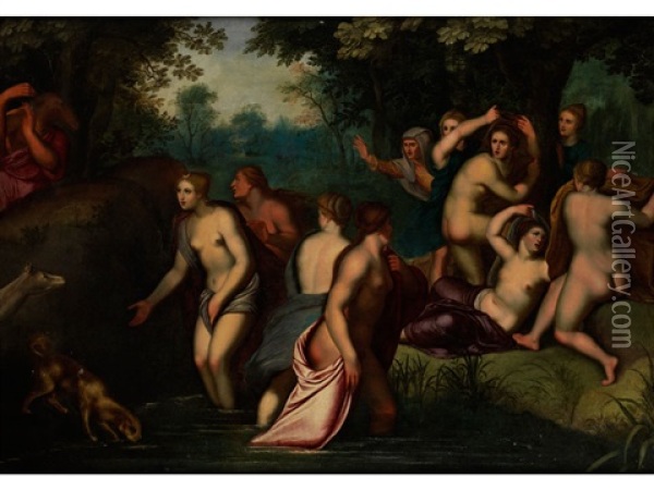 Diana Im Bade Belauscht Von Aktaion Oil Painting - Cornelis Cornelisz Van Haarlem