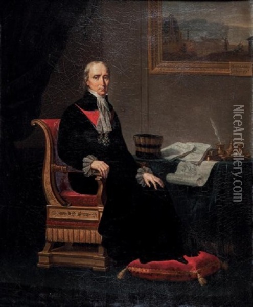 Portrait Du Comte Francois Barbe De Marbois (1745- 1837), President De La Cour Des Comptes Devant Une Vue Du Bagne De Sinnamary Oil Painting - Jean Francois Boisselat