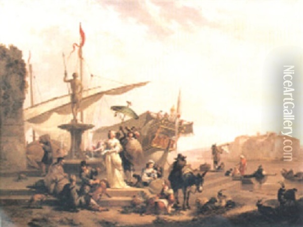 Capriccio Vid Medelhavet Oil Painting - Johannes Lingelbach