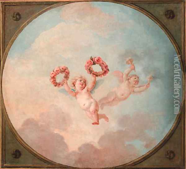 Putti desporting with a garland of flowers and flaming torches Oil Painting - Charles-Dominique-Joseph Eisen