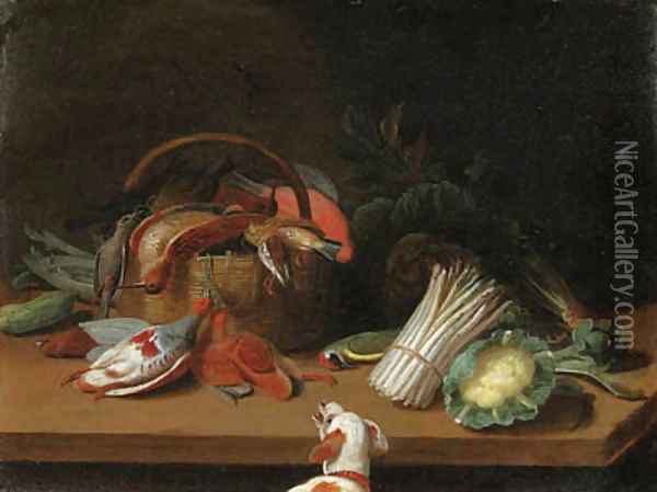 Partridges, a Woodcock, Thrushes, a Starling and other Birds in a Basket with a Woodpecker, a Cabbage, a Cauliflower, a Bunch of Asparagus Oil Painting - Jan van Kessel