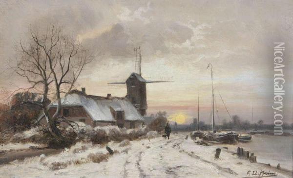 Jager Met Hond Bij Windmolen In Winters Landschap Oil Painting - Ferdinand De Prins