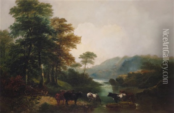 Cattle Watering In A River Landscape Oil Painting - Benjamin (of Bath) Barker