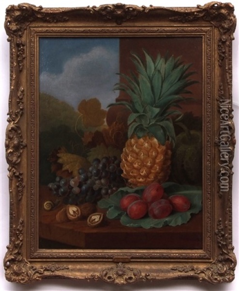 Still Life Study Of Mixed Fruit And Nuts On A Marble Ledge Oil Painting - James (Sillet) Sillett