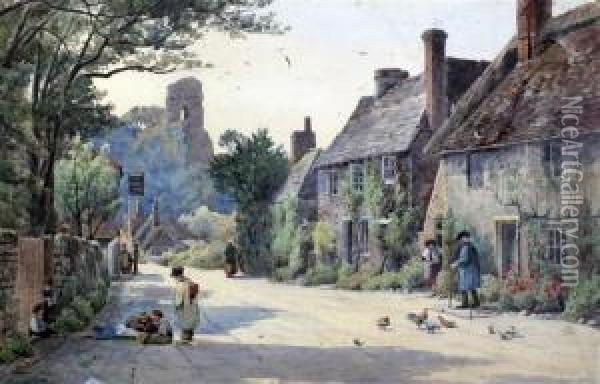 Corfe Castle; Figures In The Village Street Oil Painting - Howard Gull Stormont