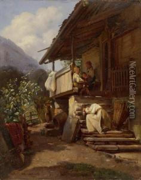 Vor Einem Bauernhaus Eine Auf Den Stufen Ruhende Junge Frau Und Drei Kinder Oil Painting - William Moritz