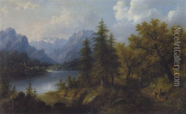Rastende Am Heimweg In Bewaldeter Flusslandschaft Mit Gebirgskulisse Oil Painting - Eduard Boehm