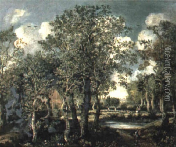 Figures In A Wooded Landscape With A Cottage Oil Painting - Meindert Hobbema
