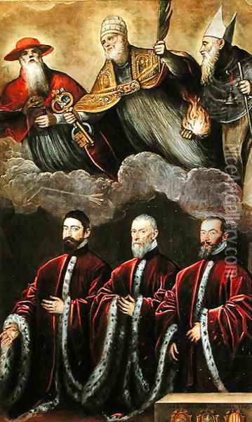 St. Jerome, St. Peter and St. Anthony above a portrait of three lawyers Oil Painting - Domenico Tintoretto