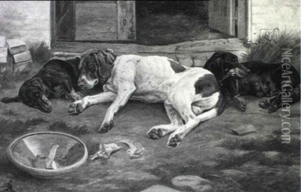 Pointer Og To Gravhunde Far Sig En Lur Pa Gardspladsen Oil Painting - Johannes Resen-Steenstrup