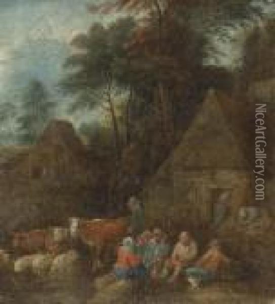 Peasants And Cattle In A Village Oil Painting - Theobald Michau