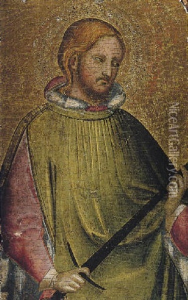 A Young Male Saint, Holding A Sword, (saint Julian The Hospitator?) Oil Painting - Agnolo di Taddeo Gaddi