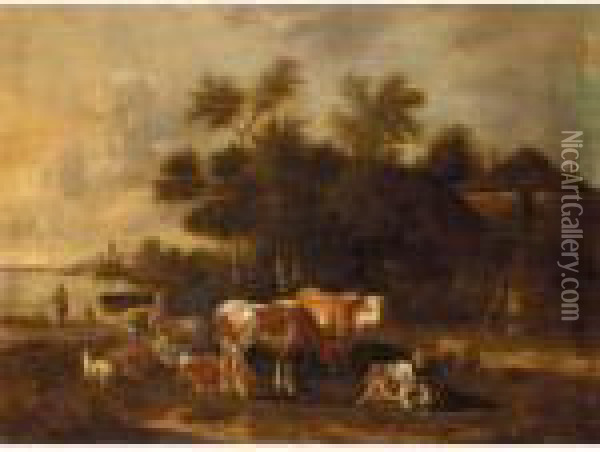 A River Landscape With Cattle And Sheep Before Farm Buildings Oil Painting - Albert-Jansz. Klomp