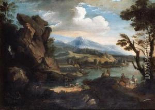 A Coastal Landscape With Figures By A Rocky Inlet, A Fortified Townbeyond Oil Painting - Adriaen Manglard