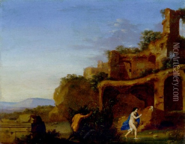 Pan And Syrinx Before The Ruins Of The Palatine Oil Painting - Cornelis Van Poelenburgh