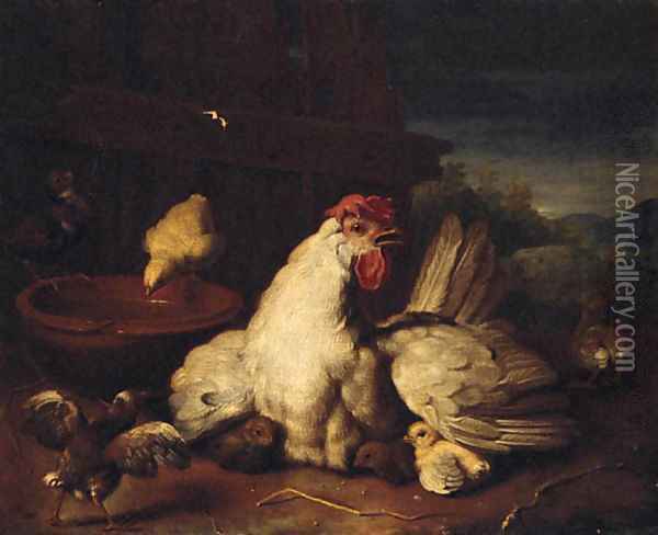 A hen with chicks in a farmyard Oil Painting - Peter Casteels III