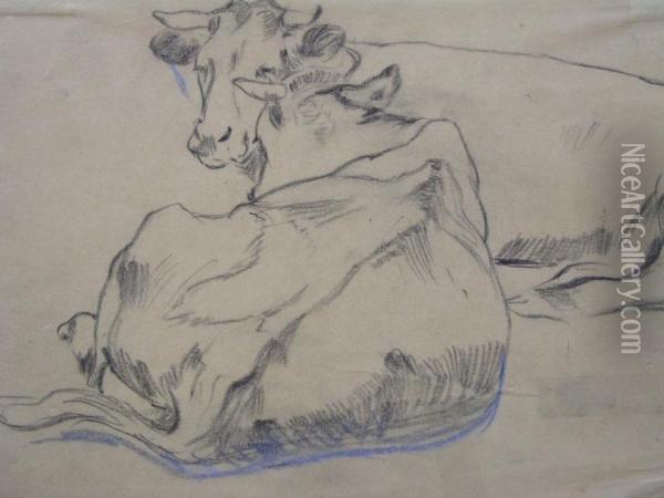 Deux Vaches Au Repos Oil Painting - Luigi Chialiva