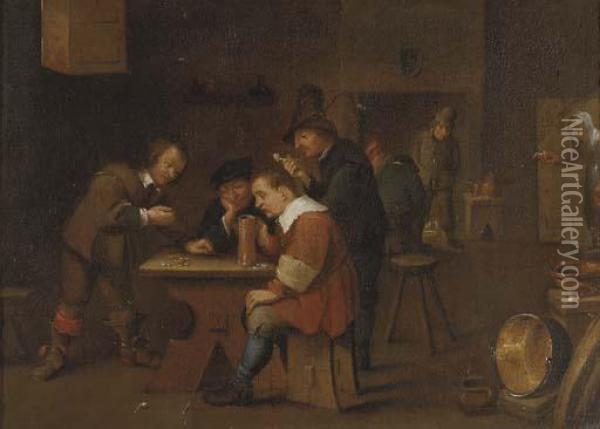 Peasants Playing Dice, Smoking And Drinking In An Inn Oil Painting - David The Younger Teniers