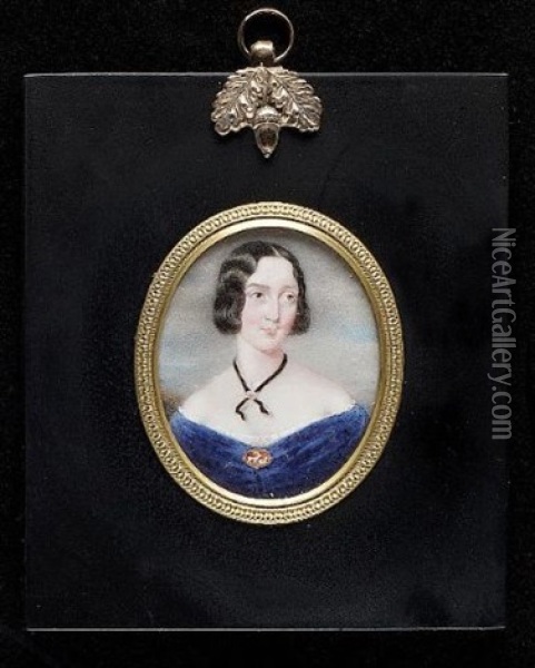 Lady Catherine Denys Wearing Blue Dress, Brooch At Her Corsage And Ribbon Necklace (+ Isabella, Baroness De Veauce Wearing White Dress, Flowers At Her Corsage And Gold Necklace, 1848, Insc.; Pair) Oil Painting - James Holmes