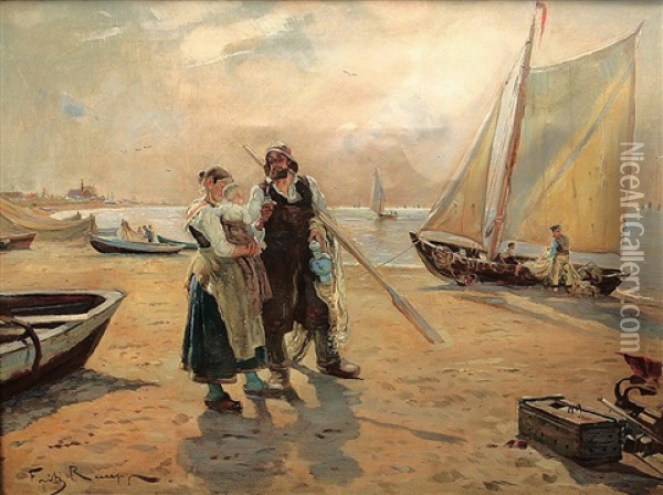 Rischerpaar Mit Kind Am Belebten Strand Oil Painting - Friedrich (Fritz) Raupp