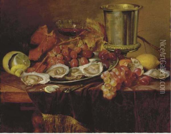 Still Life With Lemons, Oysters, Grapes, Leaves And Water Goblet Oil Painting - Josef Jurutka