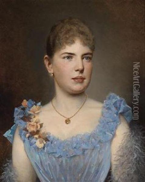 Portrait Of A Lady In A Blue Dress Oil Painting - Anton Ebert