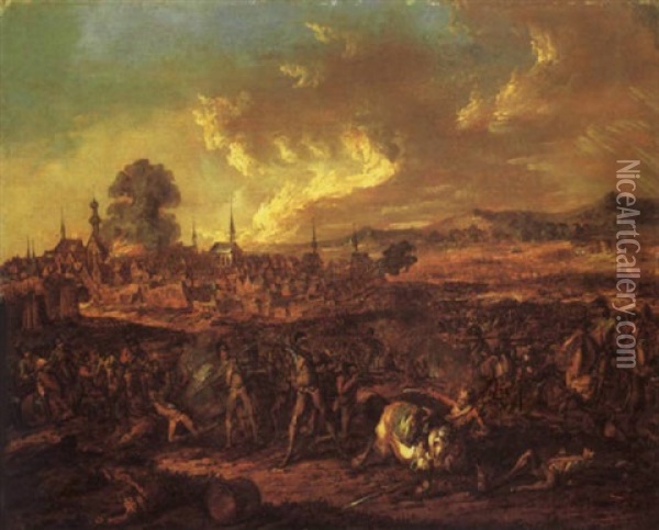 A Cavalry Skirmish With A Burning Town Beyond Oil Painting - Benjamin Zix