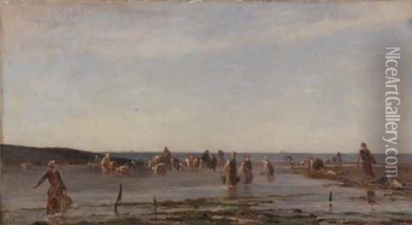 Villerville, Pecheurs A Pied Au Banc Des Ratiers Oil Painting - Alexandre Thiollet