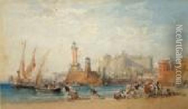 Busy Coastal Scene With Castle Oil Painting - William Leighton Leitch