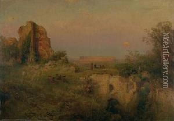 Blick Auf Das Kolosseum Im Abendrot. Oil Painting - Oswald Achenbach