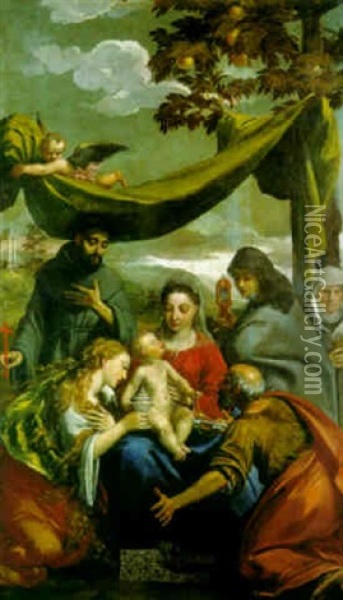 The Madonna And Child With The Saints Mary Magdalen, Peter, Clare And Francis Oil Painting -  Scarsellino
