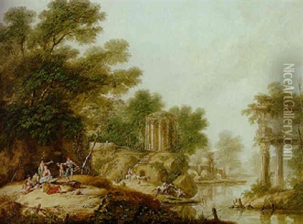 A River Landscape With Peasants Resting By A Bank, Classical Ruins Beyond Oil Painting - Jean Baptiste Pillement