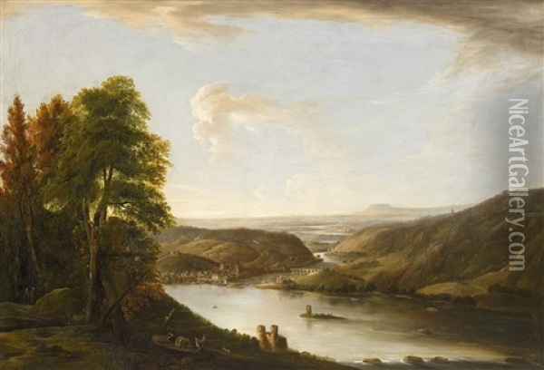 View Of Bingen And The Mouth Of The Nahe From Niederwald Oil Painting - Georg Schneider