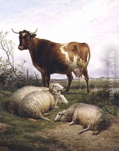 Sheep and a Cow Grazing Oil Painting - Thomas Sidney Cooper
