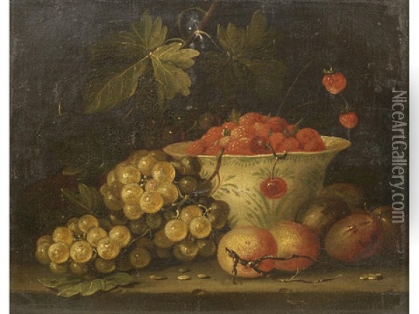 A Dish Of Wild Strawberries With Grapes And Plums On A Stone Ledge Oil Painting - Jan Pauwel Gillemans the Younger