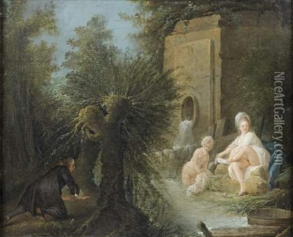 Baptiste Besnard, : Deux Jeunes Femmes Surprises Au Bain Oil Painting - Jean Benard