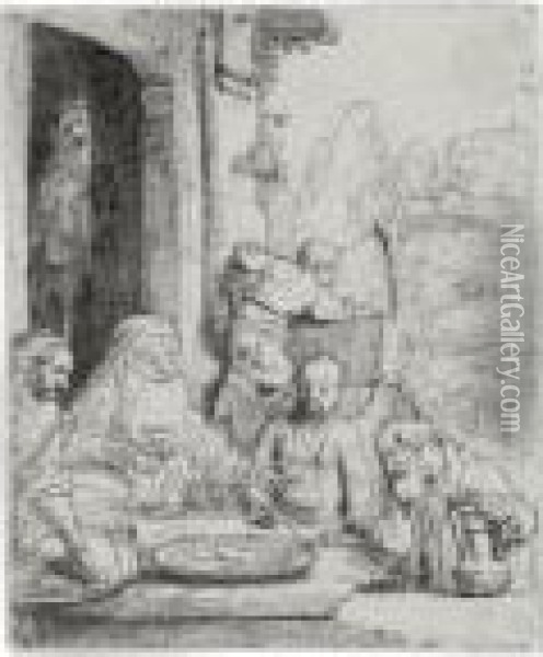Abraham Entertaining The Angels (b., Holl. 29; H. 286; Bb. 56-b) Oil Painting - Rembrandt Van Rijn