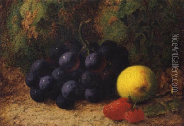 Grapes, Srawberries And An Apple, On A Mossy Bank Oil Painting - Oliver Clare