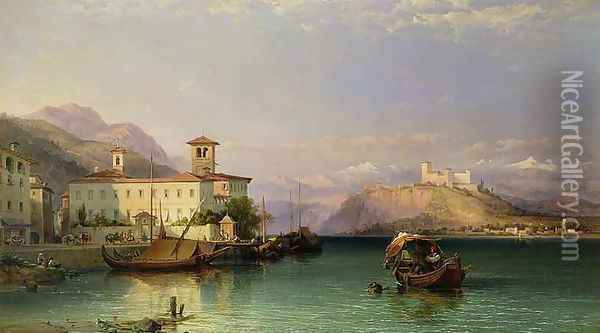Arona and the Castle of Angera Lake Maggiore Oil Painting - George Edwards Hering