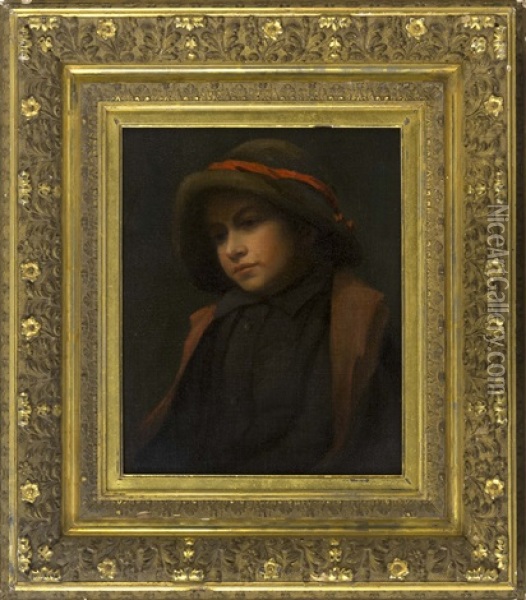 Portrait Of A Young Girl Wearing A Hat Oil Painting - Charles Sprague Pearce