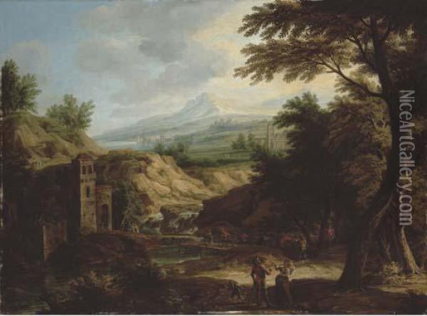 An Italianate Extensive River Landscape With Travellers On A Path By A Fortified Tower Oil Painting - Jakob Christoph Weyermann