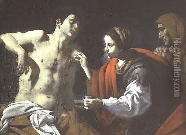 St. Sebastian Nursed by St. Irene Oil Painting - Giovanni Battista Caracciolo