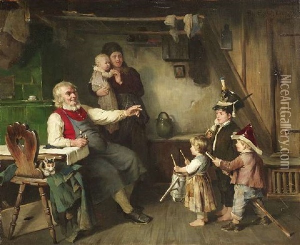 Grosvaters Rekruten. Drei Enkelkinder Haben Sich Als Soldaten Verkleidet Oil Painting - Sigmund Eggert