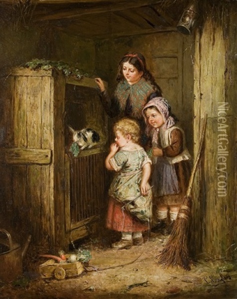 Kinder Vor Dem Kaninchenstall Oil Painting - Paul Langlois