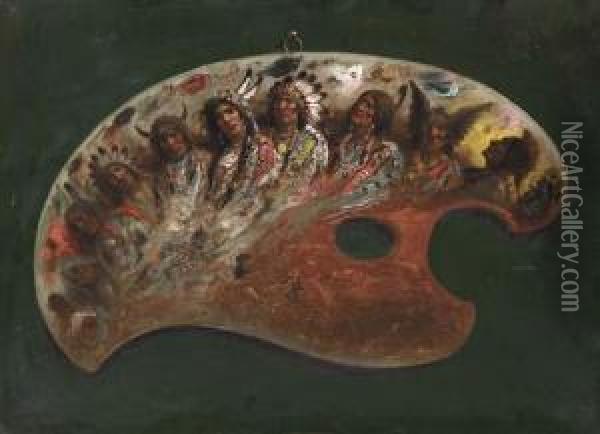 Trompe L'oeil Of Artist's Palette With Indians Oil Painting - Astley David Middleton Cooper