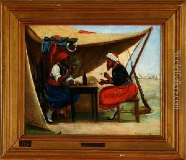 An African Soldier And A Zouav In A Tent Oil Painting - David Jacobsen