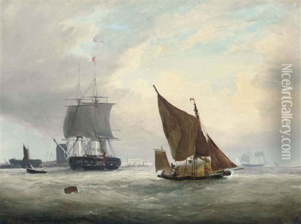 A Hay Barge And Other Shipping On The Medway (+ Hauling In The Nets; Pair) Oil Painting - Frederick Calvert