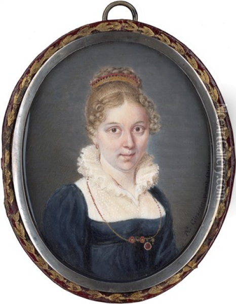 Portrait Einer Jungen Frau Im Dunkelblauen Kleid Mit Aufgestelltem Spitzenkragen Oil Painting - Alexandre Girardet